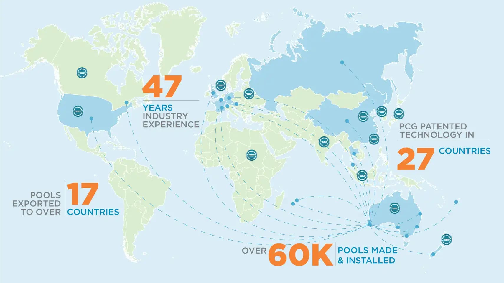 World map showing 27 countries where Pool ColourGuard is patented